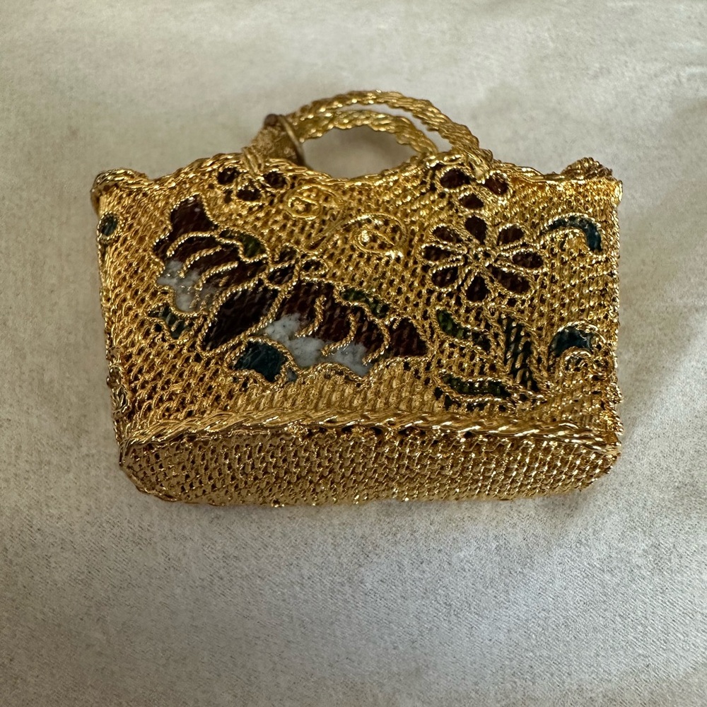 Gold Floral Mesh Evening Bag Necklace Pendant - Women